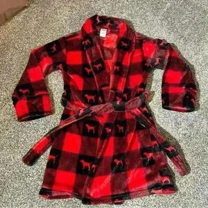Victoria’s Secret Pink Buffalo Plaid Dog Logo Plush Bath Robe Black Red Sz XS/S
